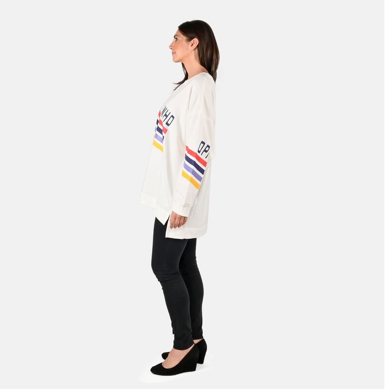DUBGEE White Long Sleeve Multicolor Stripe Logo French Terry Sweatshirt- S