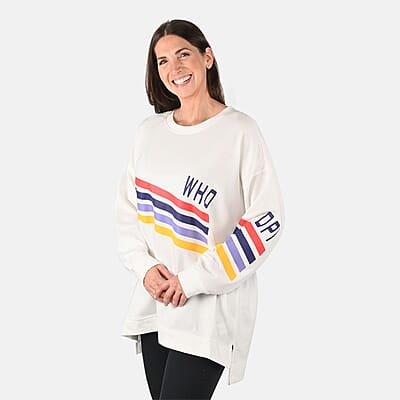 DUBGEE White Long Sleeve Multicolor Stripe Logo French Terry Sweatshirt- S