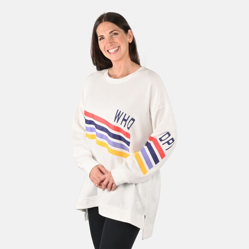 DUBGEE White Long Sleeve Multicolor Stripe Logo French Terry Sweatshirt- S