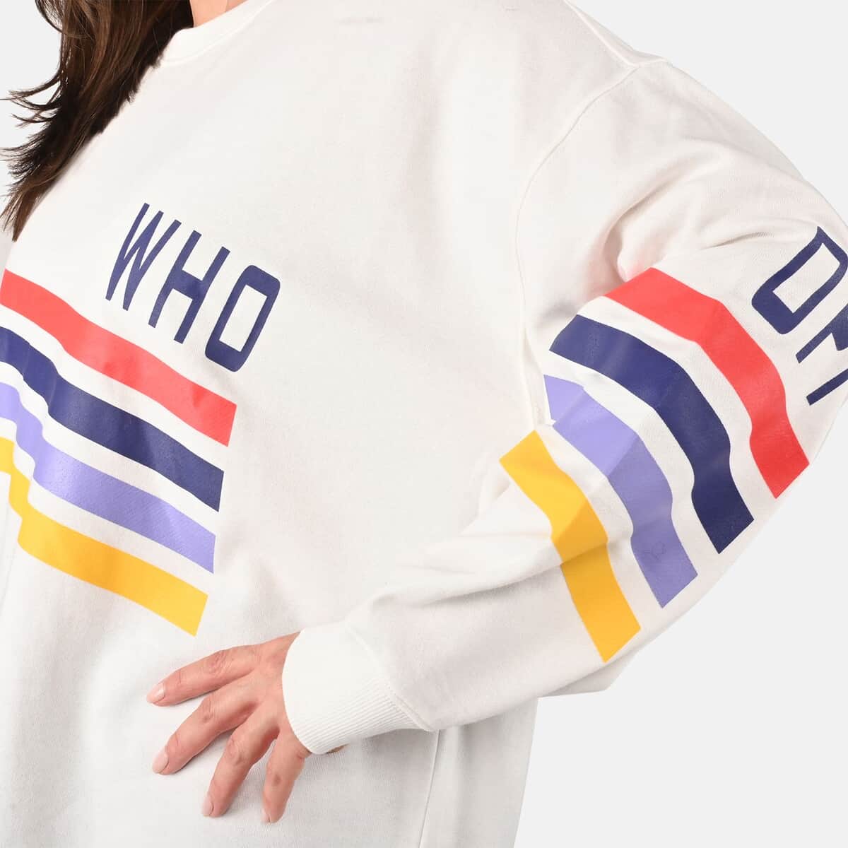 DUBGEE White Long Sleeve Multicolor Stripe Logo French Terry Sweatshirt- S image number 4