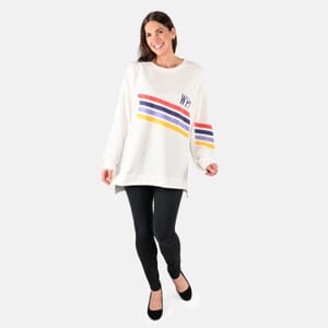 DUBGEE White Long Sleeve Multicolor Stripe Logo French Terry Sweatshirt- XL