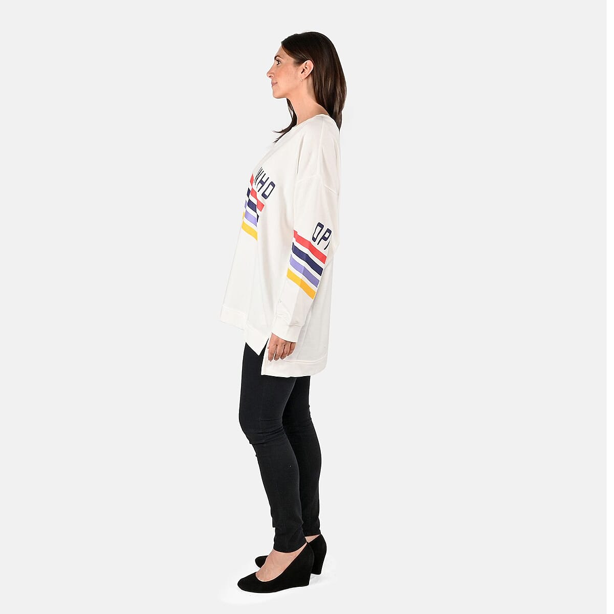 DUBGEE White Long Sleeve Multicolor Stripe Logo French Terry Sweatshirt- 1X image number 2