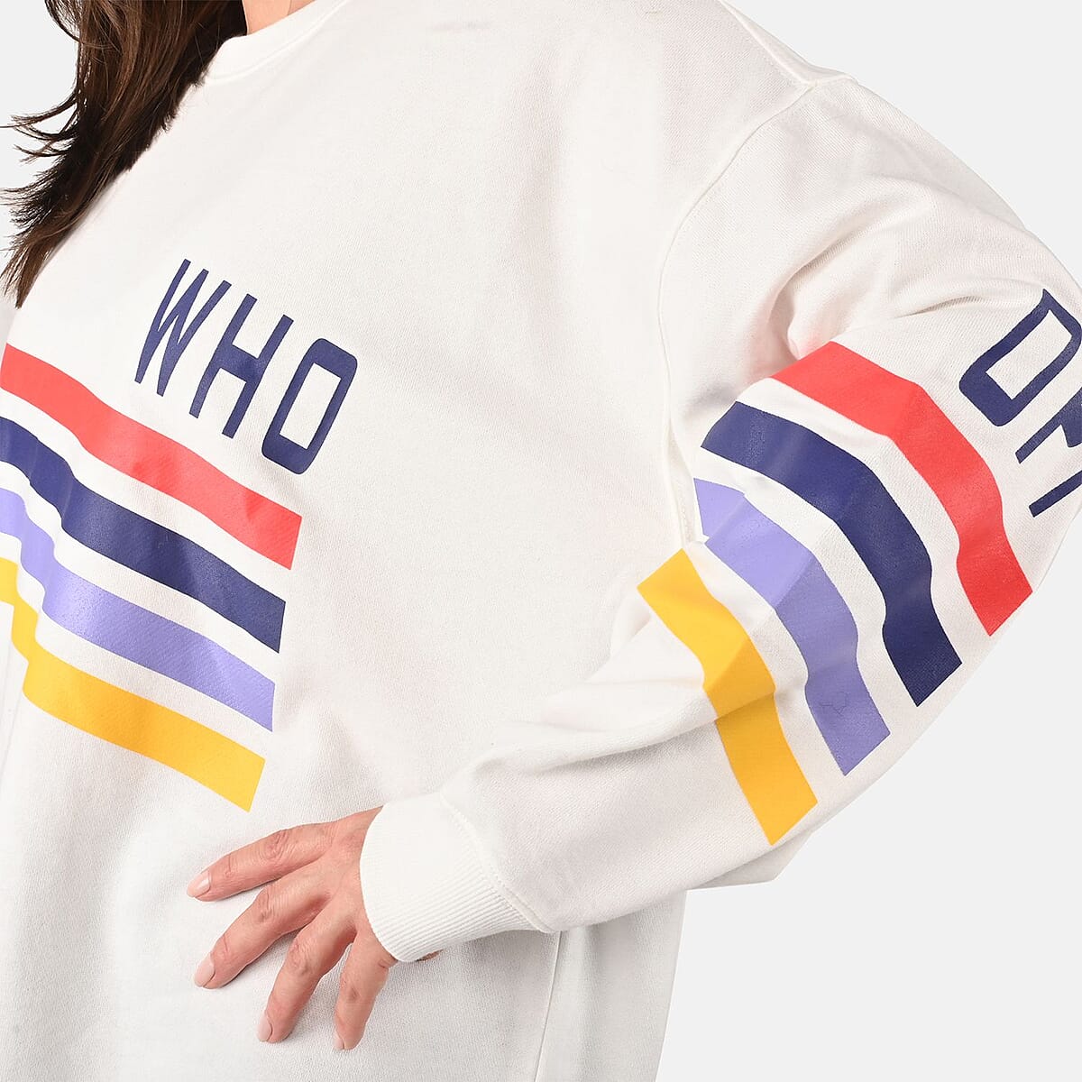 DUBGEE White Long Sleeve Multicolor Stripe Logo French Terry Sweatshirt- 1X image number 4