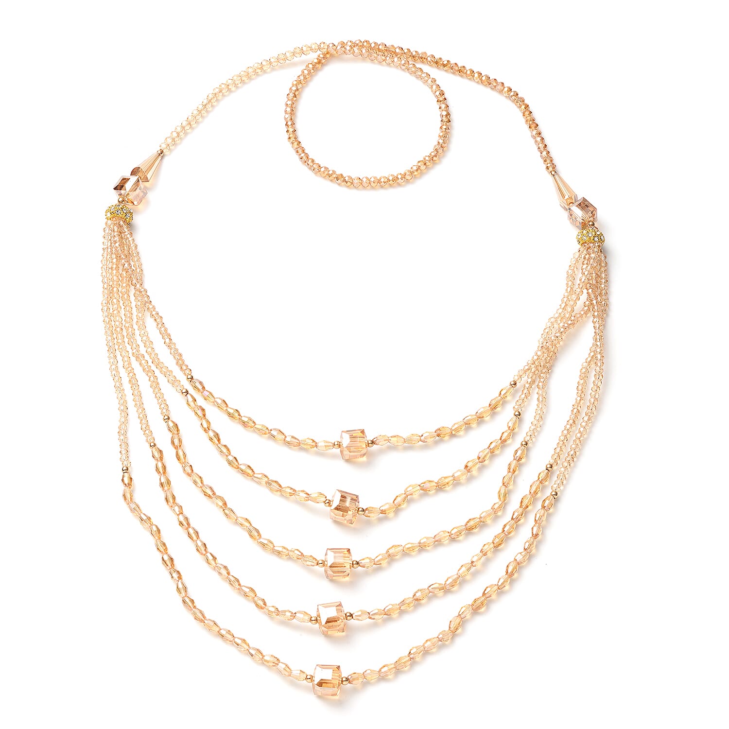 Simulated Champagne Color Diamond and White Austrian Crystal Beaded Layered Necklace 30 Inches in Goldtone