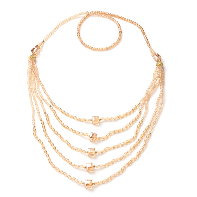 Simulated Champagne Color Diamond and White Austrian Crystal Beaded Layered Necklace 30 Inches in Goldtone