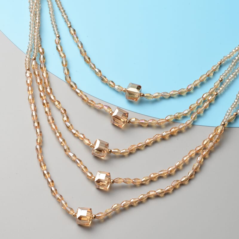 Simulated Champagne Color Diamond and White Austrian Crystal Beaded Layered Necklace 30 Inches in Goldtone