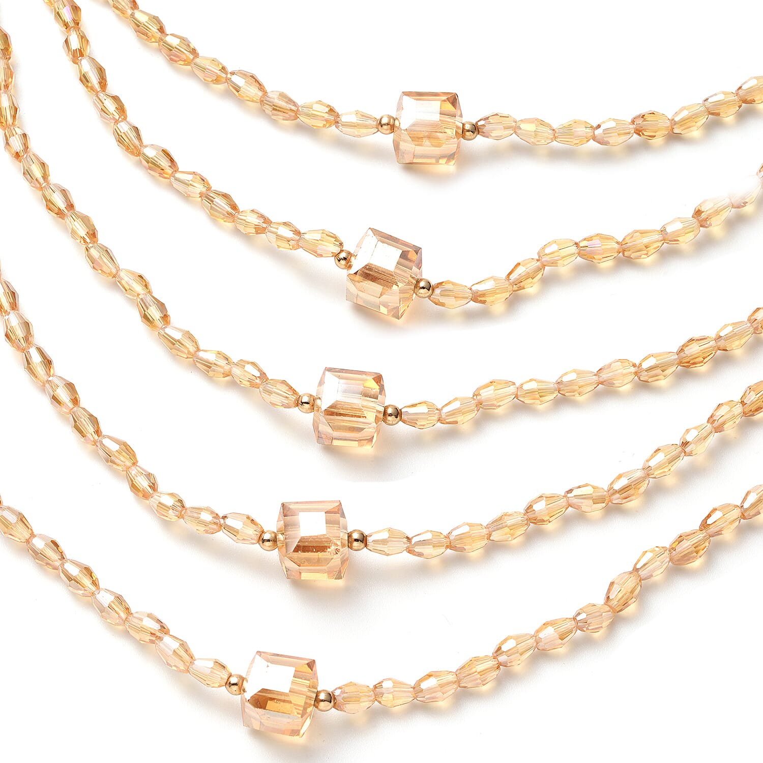 Simulated Champagne Color Diamond and White Austrian Crystal Beaded Layered Necklace 30 Inches in Goldtone