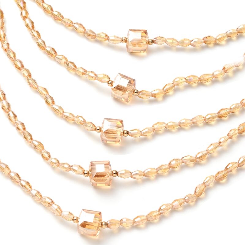 Simulated Champagne Color Diamond and White Austrian Crystal Beaded Layered Necklace 30 Inches in Goldtone