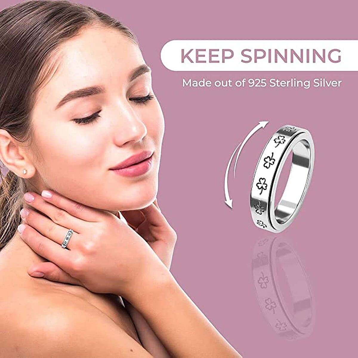 Clover Leaf Sterling Silver Spinner Ring, Anxiety Ring for Women, 925 Sterling Silver Spinner Ring, Fidget Rings for Anxiety for Women, Stress Relieving Anxiety Ring (Size 7.0) image number 4