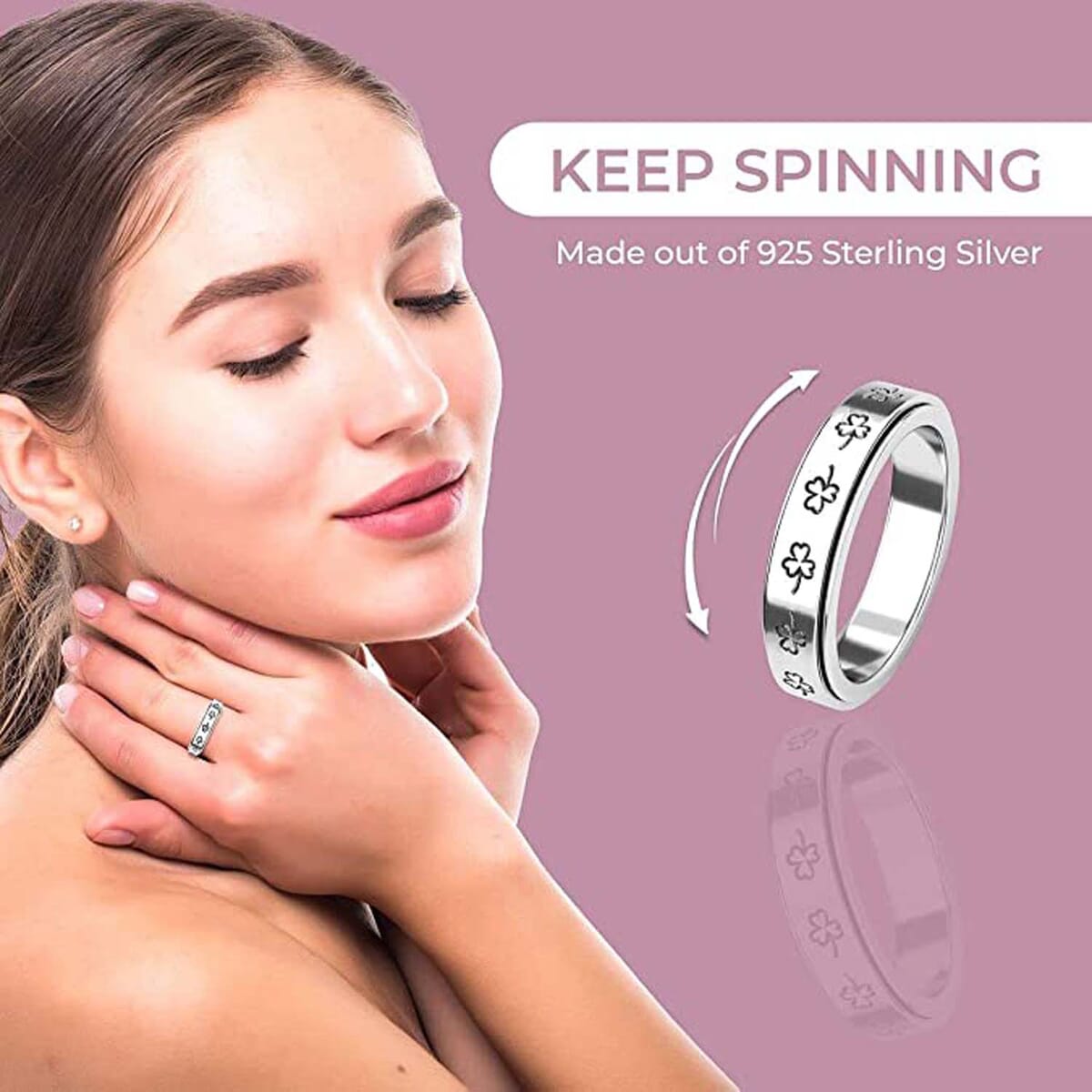 Clover Leaf Sterling Silver Spinner Ring, Anxiety Ring for Women, 925 Sterling Silver Spinner Ring, Fidget Rings for Anxiety for Women, Stress Relieving Anxiety Ring image number 4