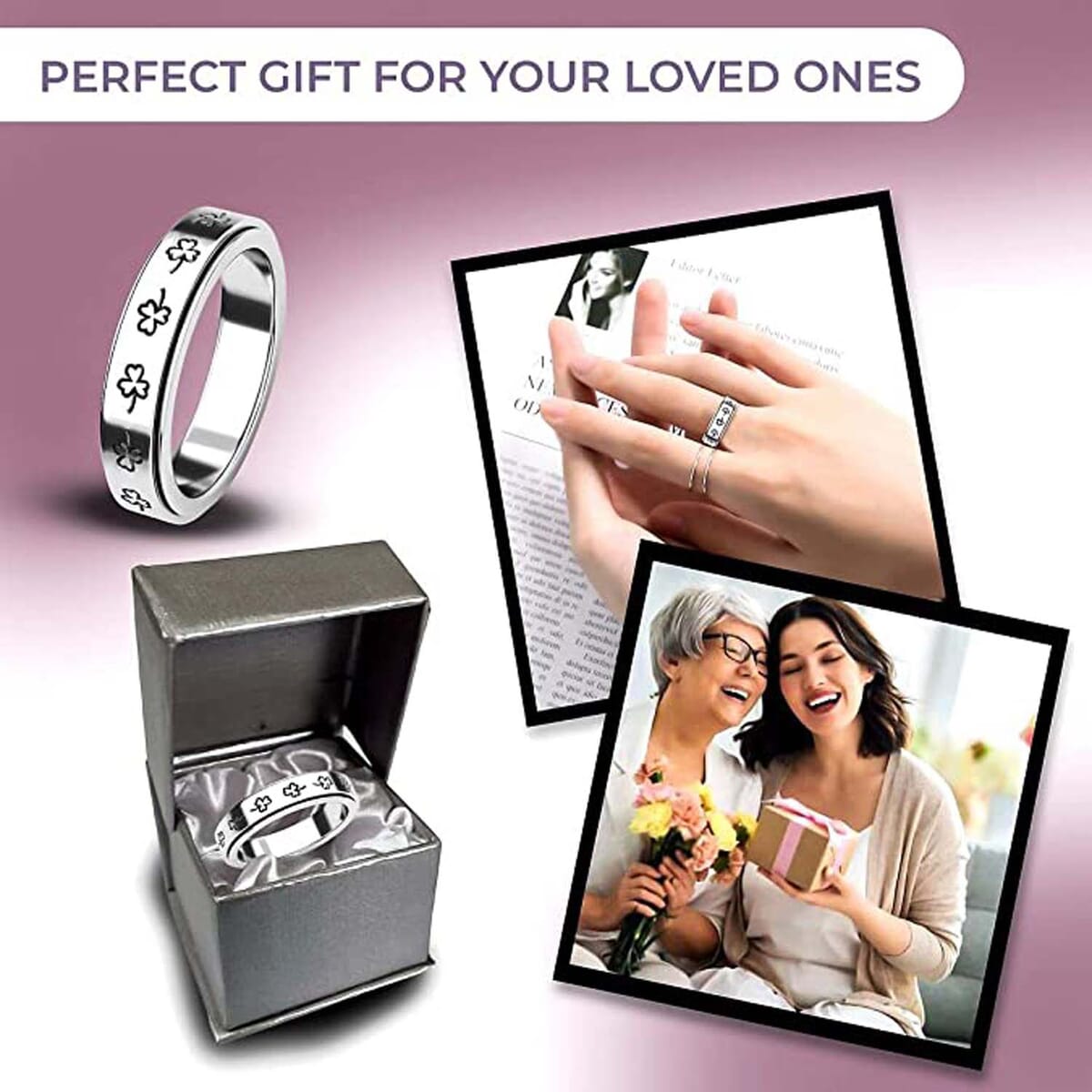 Clover Leaf Sterling Silver Spinner Ring, Anxiety Ring for Women, 925 Sterling Silver Spinner Ring, Fidget Rings for Anxiety for Women, Stress Relieving Anxiety Ring image number 5