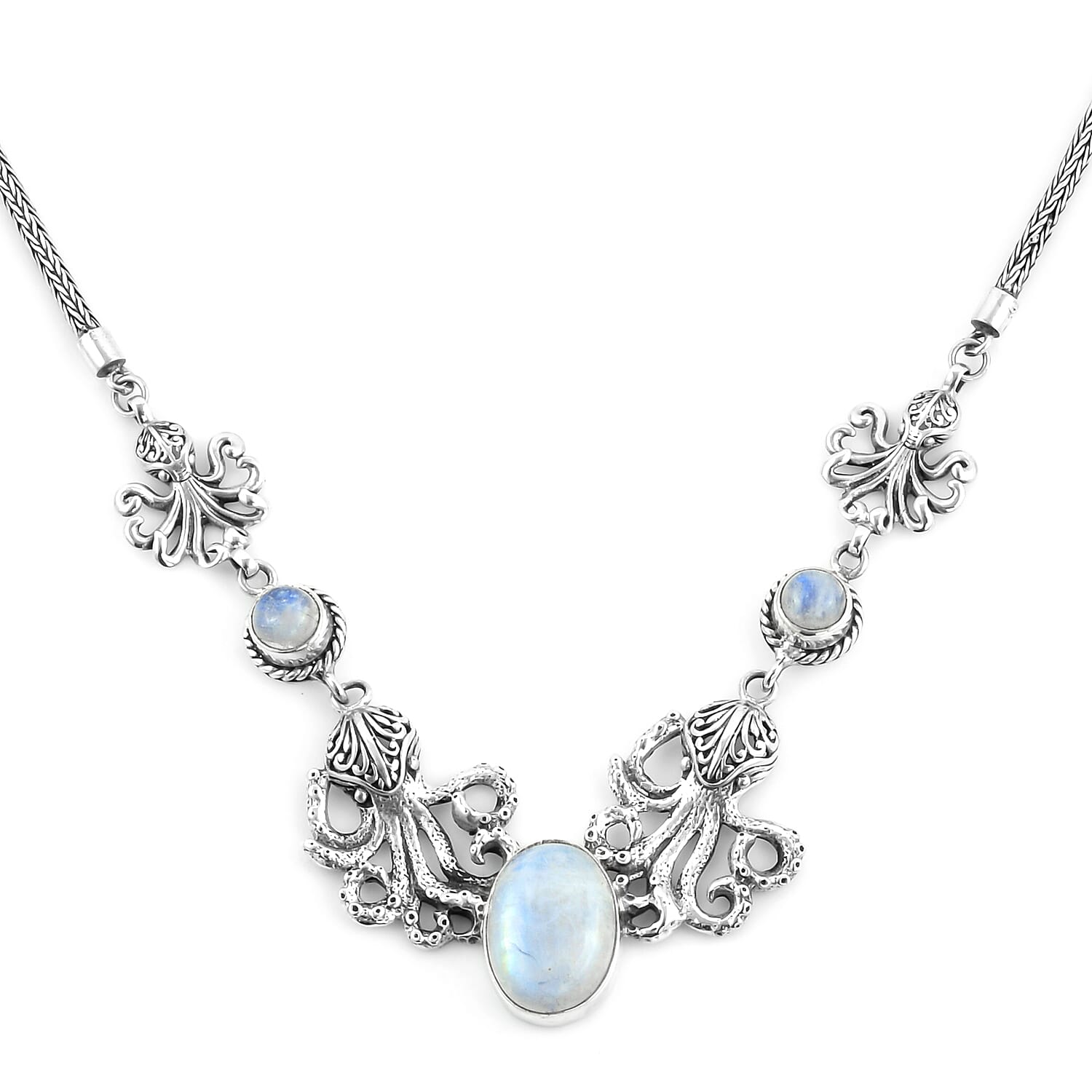 Bali Legacy Kuisa Rainbow Moonstone Necklace 18 Inches in Sterling Silver 26 Grams 14.15 ctw