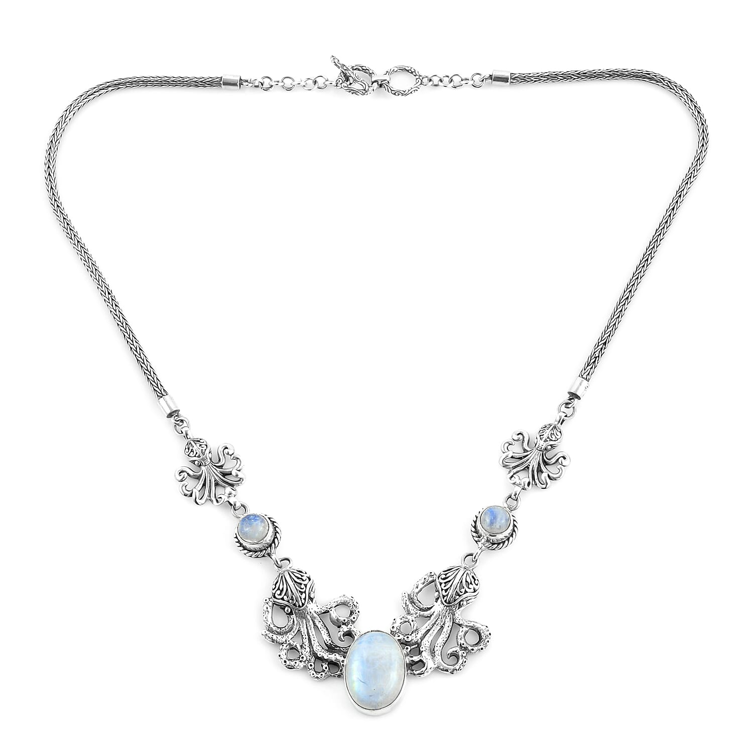 Bali Legacy Kuisa Rainbow Moonstone Necklace 18 Inches in Sterling Silver 26 Grams 14.15 ctw