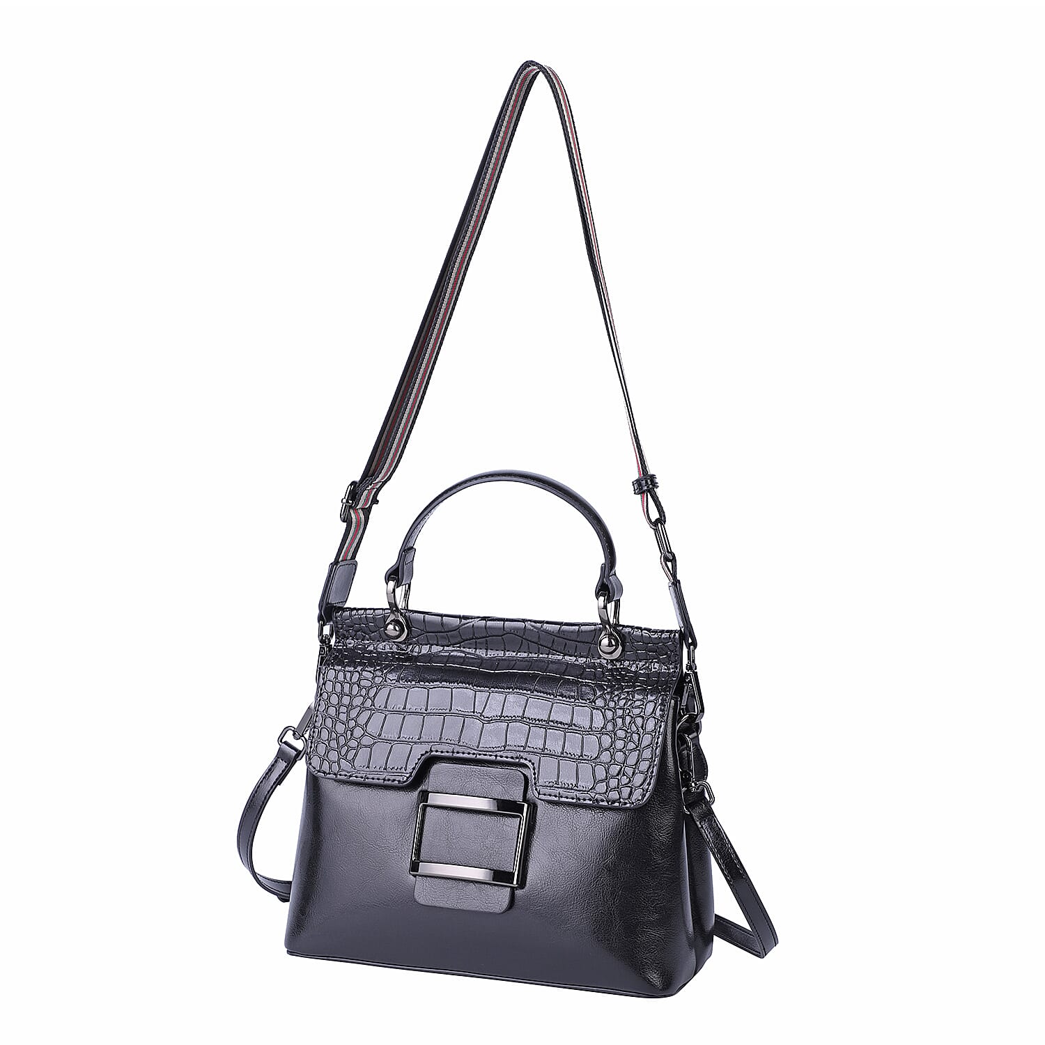 Hong Kong Closeout Collection Black Genuine Leather Convertible Tote Bag with Crocodile Embossed Pattern Flap and Set of 2 Woven & Leather Strap