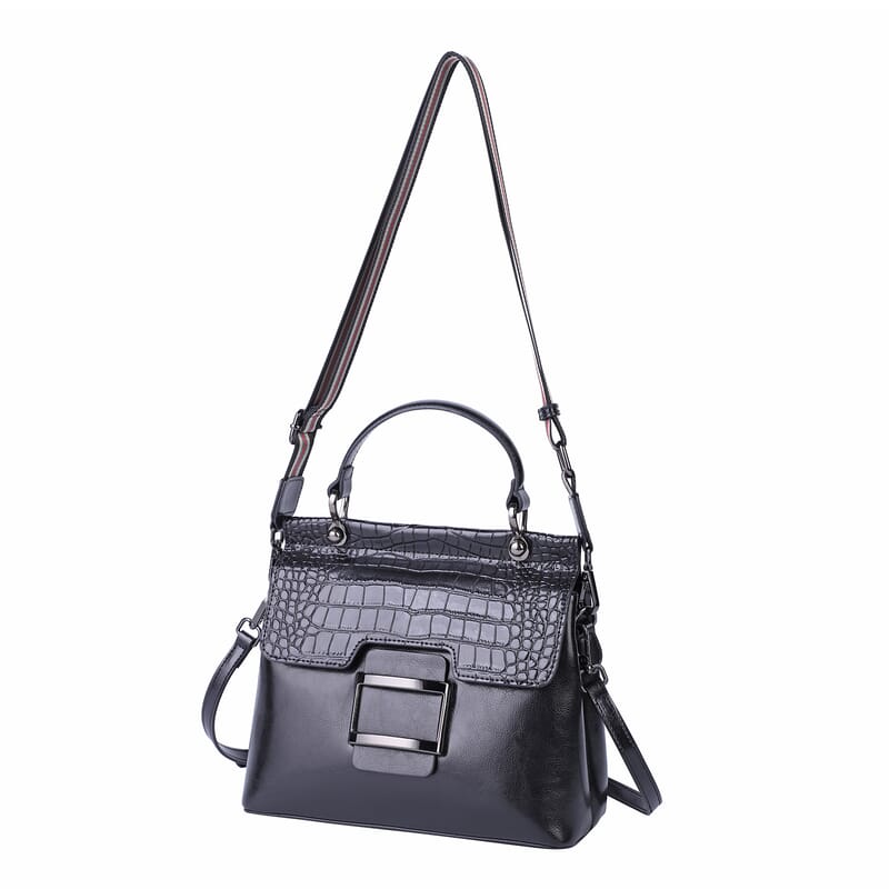 Hong Kong Closeout Collection Black Genuine Leather Convertible Tote Bag with Crocodile Embossed Pattern Flap and Set of 2 Woven & Leather Strap