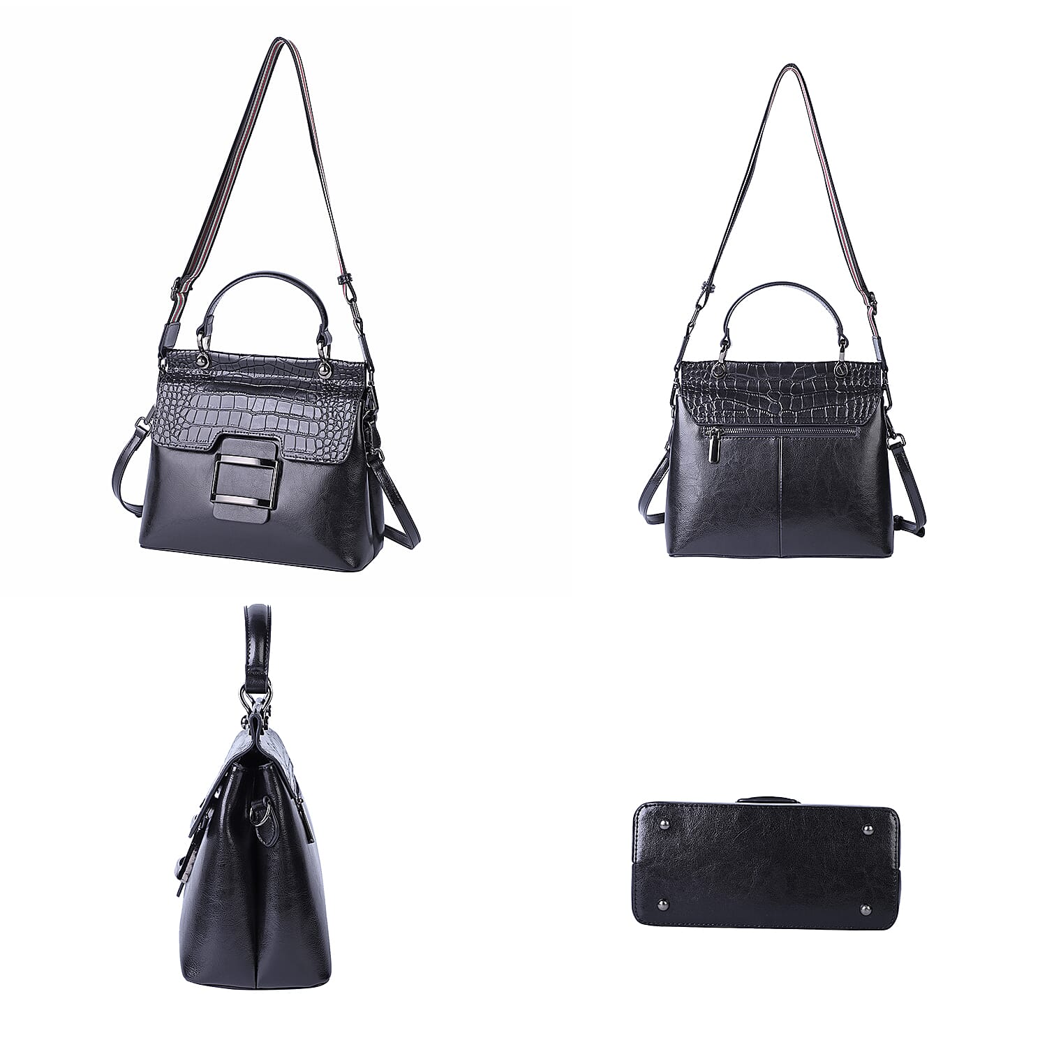 Hong Kong Closeout Collection Black Genuine Leather Convertible Tote Bag with Crocodile Embossed Pattern Flap and Set of 2 Woven & Leather Strap