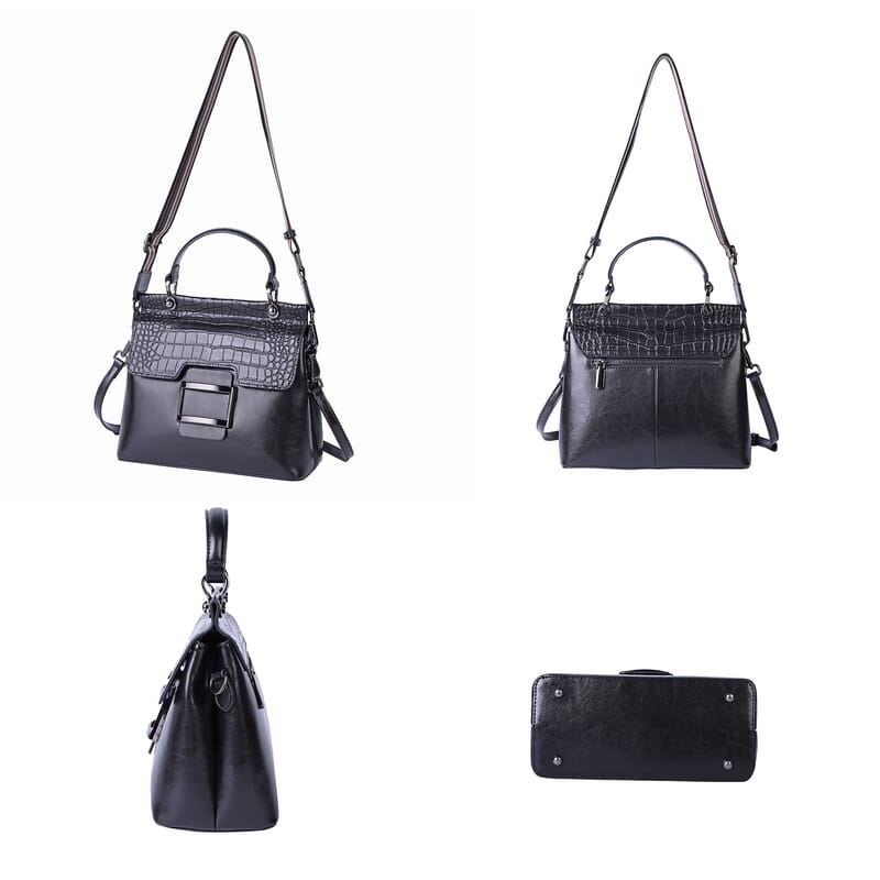 Hong Kong Closeout Collection Black Genuine Leather Convertible Tote Bag with Crocodile Embossed Pattern Flap and Set of 2 Woven & Leather Strap
