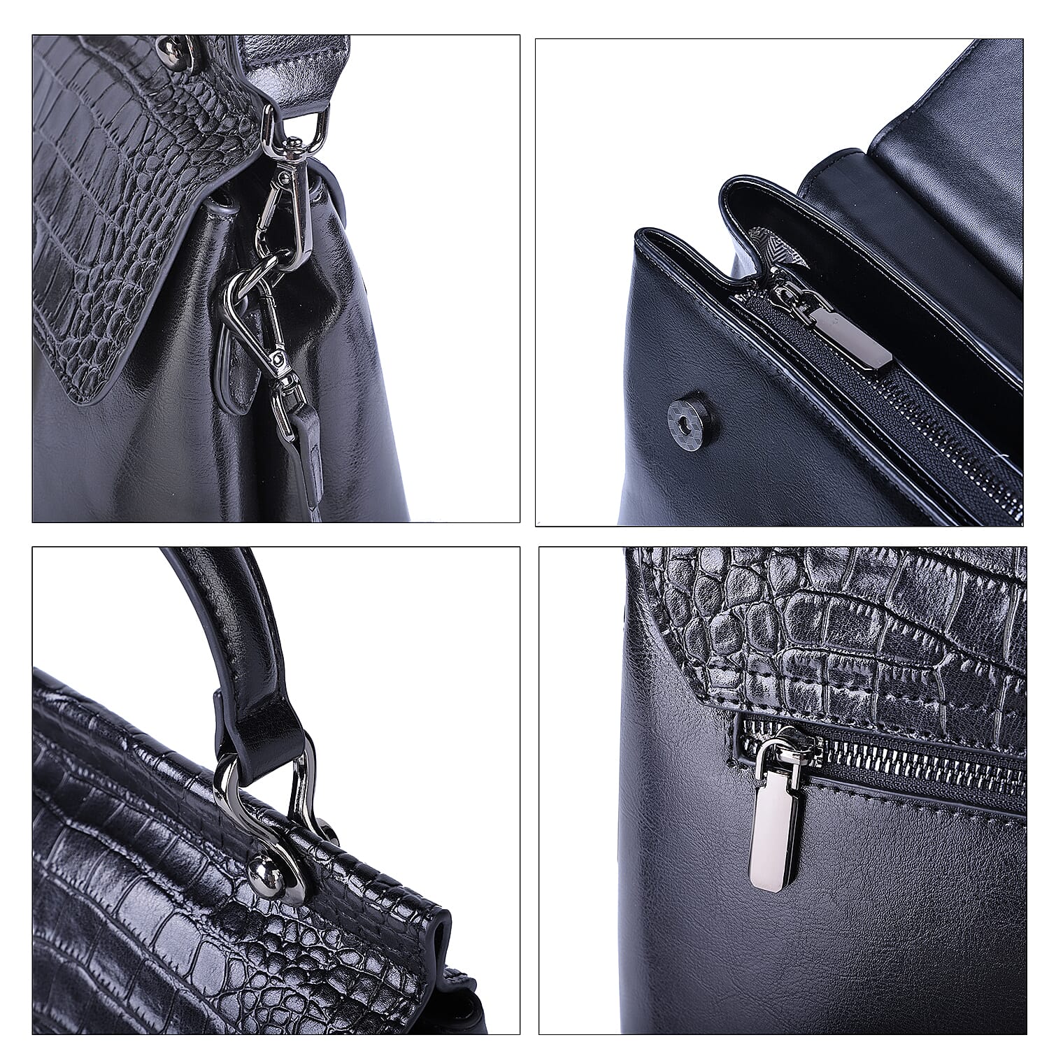 Hong Kong Closeout Collection Black Genuine Leather Convertible Tote Bag with Crocodile Embossed Pattern Flap and Set of 2 Woven & Leather Strap
