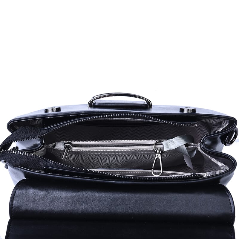 Hong Kong Closeout Collection Black Genuine Leather Convertible Tote Bag with Crocodile Embossed Pattern Flap and Set of 2 Woven & Leather Strap