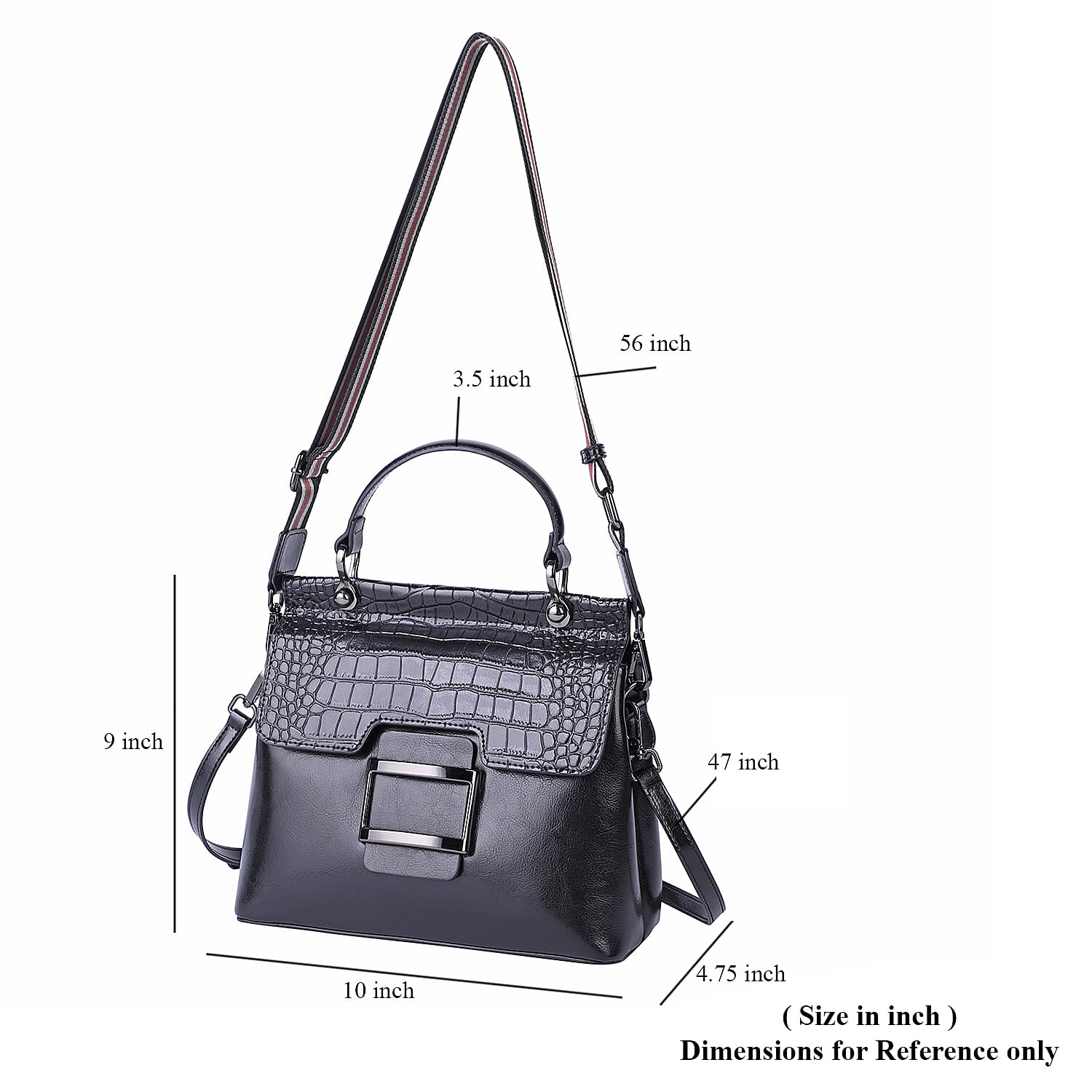 Hong Kong Closeout Collection Black Genuine Leather Convertible Tote Bag with Crocodile Embossed Pattern Flap and Set of 2 Woven & Leather Strap