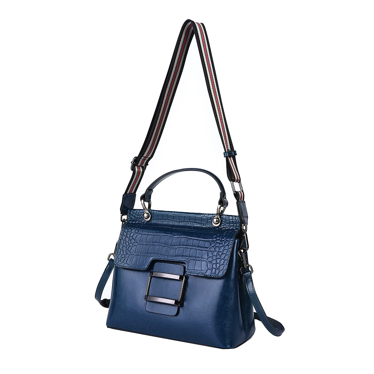 Hong Kong Closeout Collection Black Genuine Leather Convertible Bag (10"x4.75"x9") with Croc Embossed Pattern Flap and Set of 2 Woven & Leather Strap image number 0