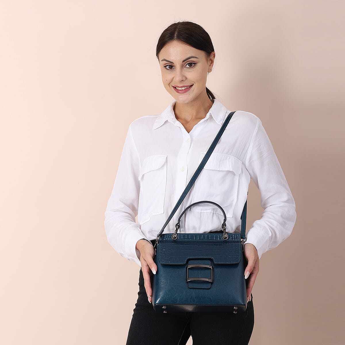 Hong Kong Closeout Collection Black Genuine Leather Convertible Bag (10"x4.75"x9") with Croc Embossed Pattern Flap and Set of 2 Woven & Leather Strap image number 1