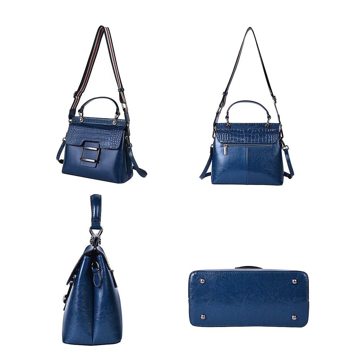 Hong Kong Closeout Collection Black Genuine Leather Convertible Bag (10"x4.75"x9") with Croc Embossed Pattern Flap and Set of 2 Woven & Leather Strap image number 2