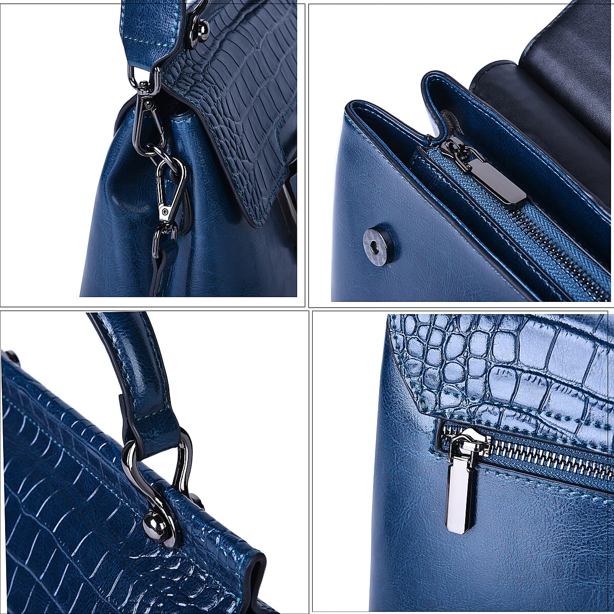 Hong Kong Closeout Collection Black Genuine Leather Convertible Bag (10"x4.75"x9") with Croc Embossed Pattern Flap and Set of 2 Woven & Leather Strap image number 3