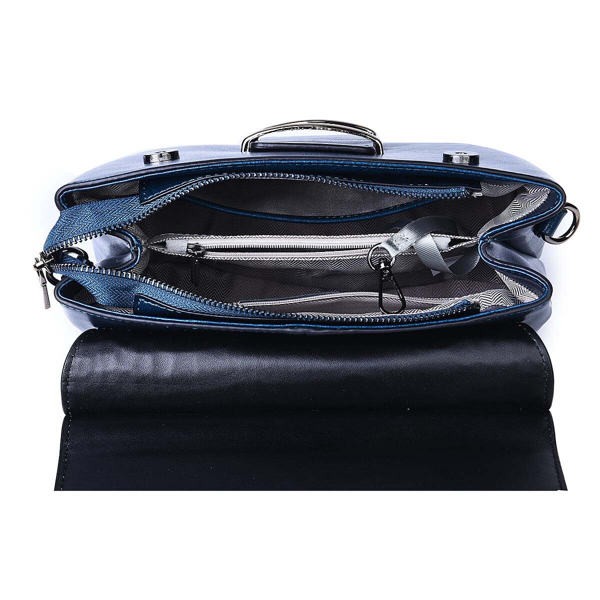 Hong Kong Closeout Collection Black Genuine Leather Convertible Bag (10"x4.75"x9") with Croc Embossed Pattern Flap and Set of 2 Woven & Leather Strap image number 4