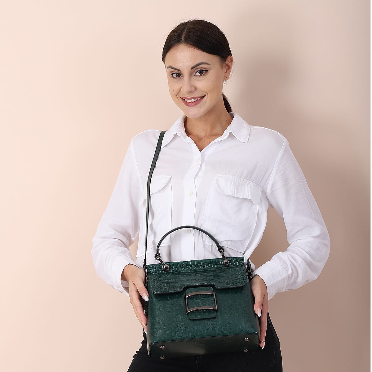 Hong Kong Closeout Collection Green Genuine Leather Convertible Tote Bag with Crocodile Embossed Pattern Flap and Set of 2 Woven & Leather Strap image number 1