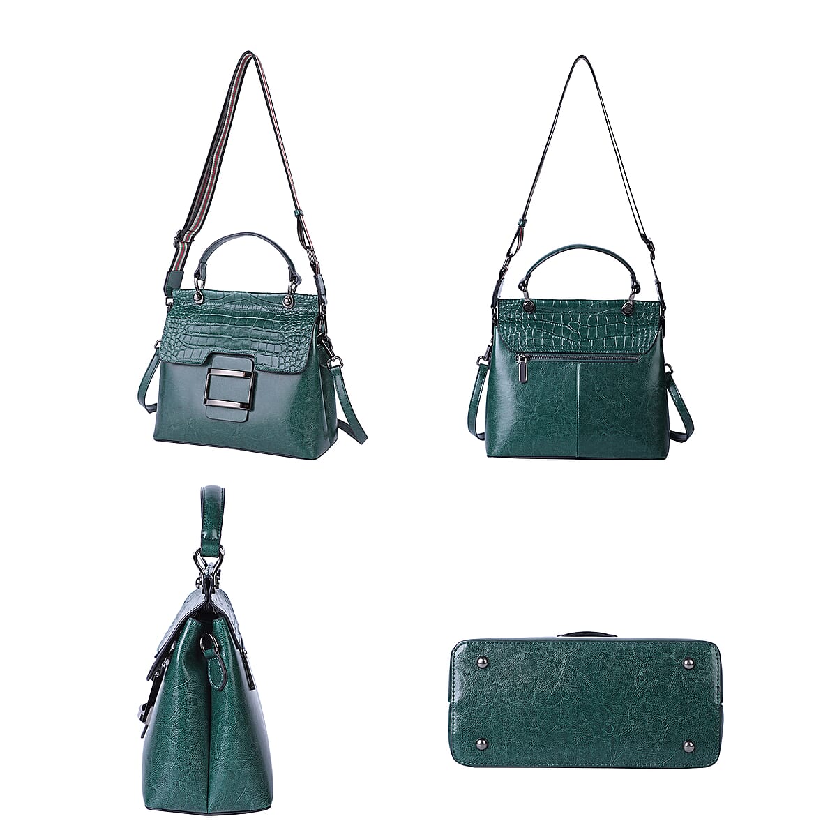 Hong Kong Closeout Collection Green Genuine Leather Convertible Tote Bag with Crocodile Embossed Pattern Flap and Set of 2 Woven & Leather Strap image number 2