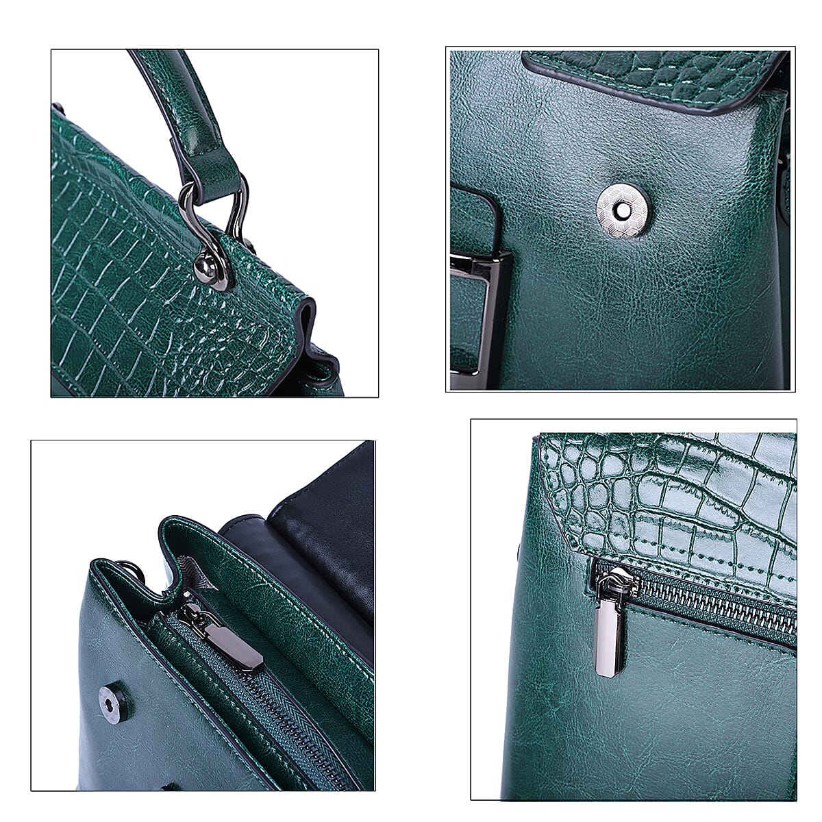 Hong Kong Closeout Collection Green Genuine Leather Convertible Tote Bag with Crocodile Embossed Pattern Flap and Set of 2 Woven & Leather Strap image number 3
