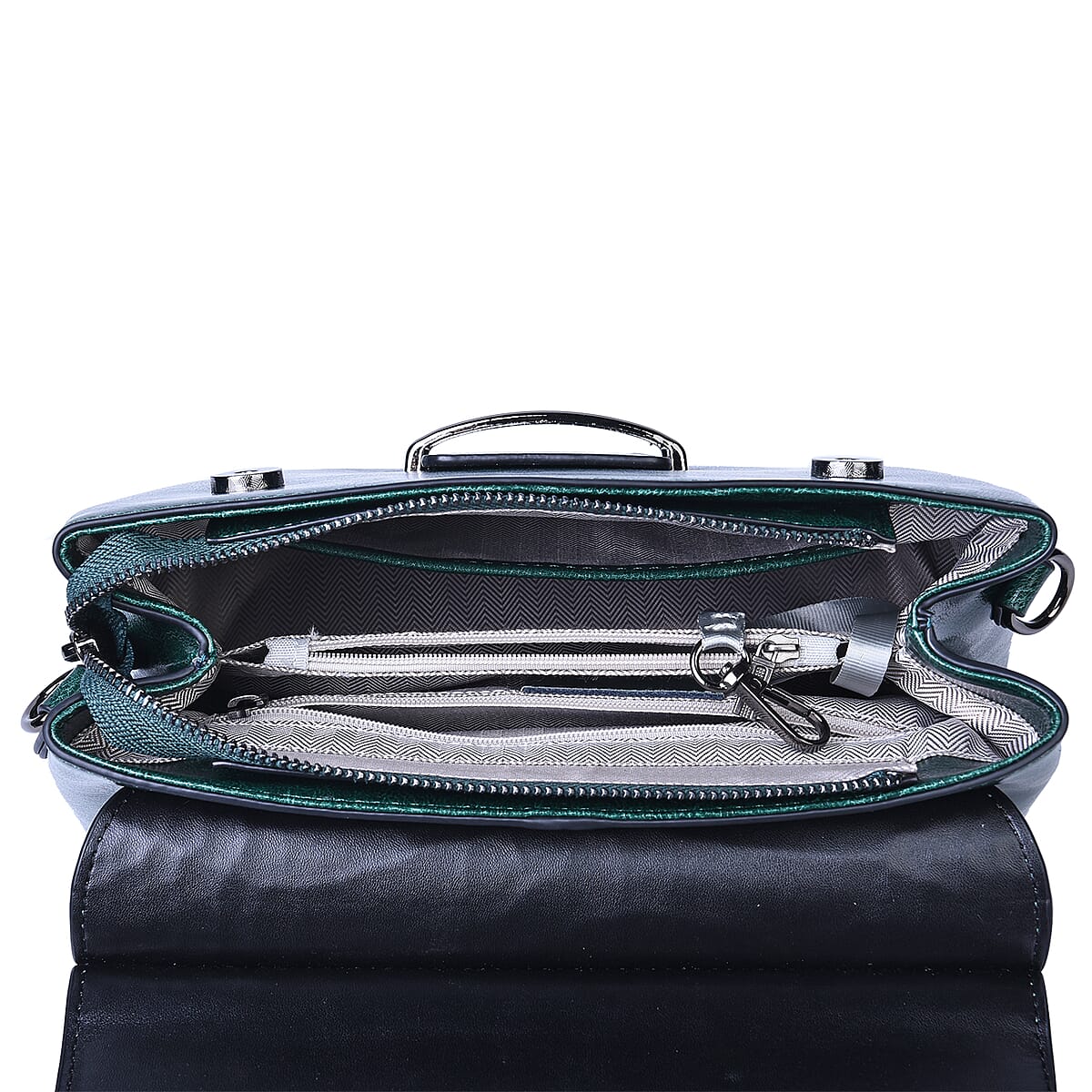 Hong Kong Closeout Collection Green Genuine Leather Convertible Tote Bag with Crocodile Embossed Pattern Flap and Set of 2 Woven & Leather Strap image number 4