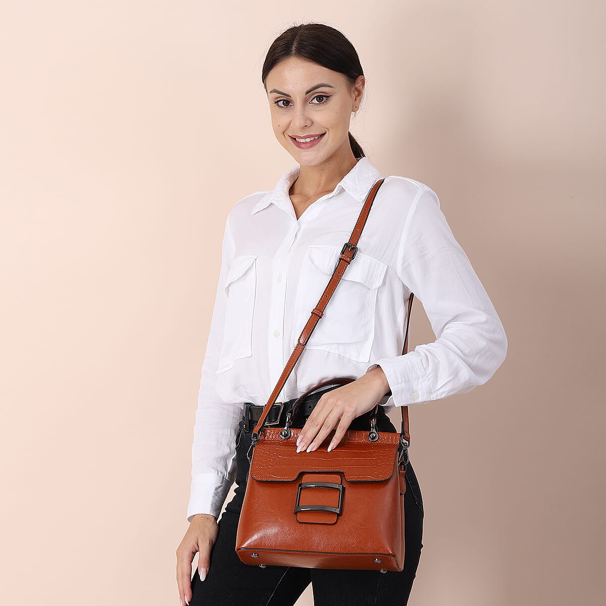 Hong Kong Closeout Collection Red Genuine Leather Convertible Tote Bag with Crocodile Embossed Pattern Flap and Set of 2 Woven & Leather Strap image number 1