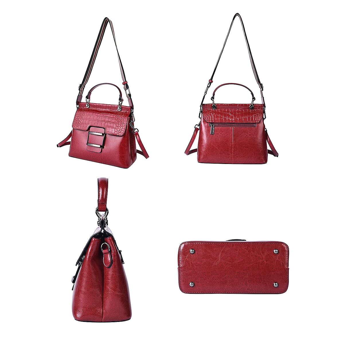 Hong Kong Closeout Collection Red Genuine Leather Convertible Tote Bag with Crocodile Embossed Pattern Flap and Set of 2 Woven & Leather Strap image number 2