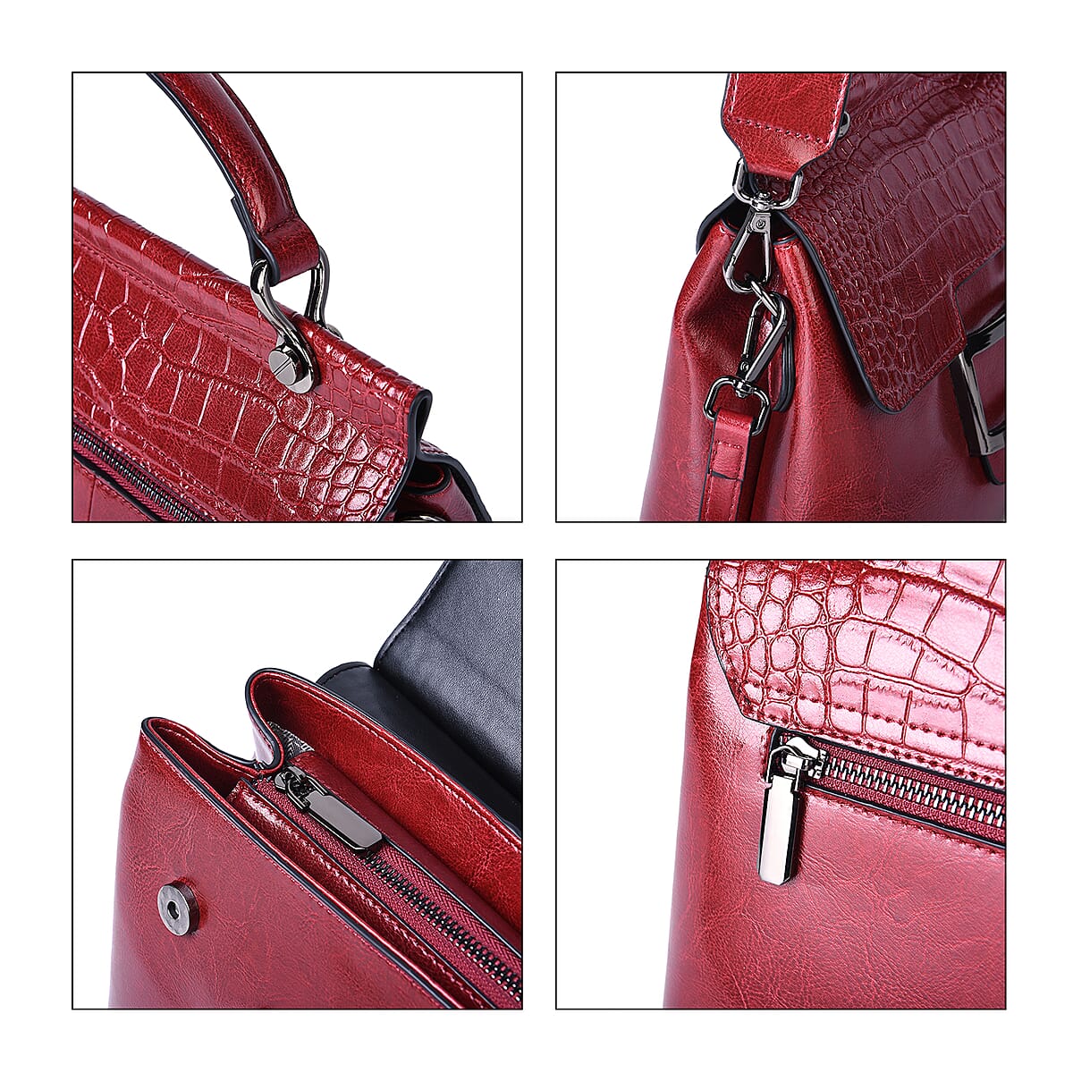 Hong Kong Closeout Collection Red Genuine Leather Convertible Tote Bag with Crocodile Embossed Pattern Flap and Set of 2 Woven & Leather Strap image number 3