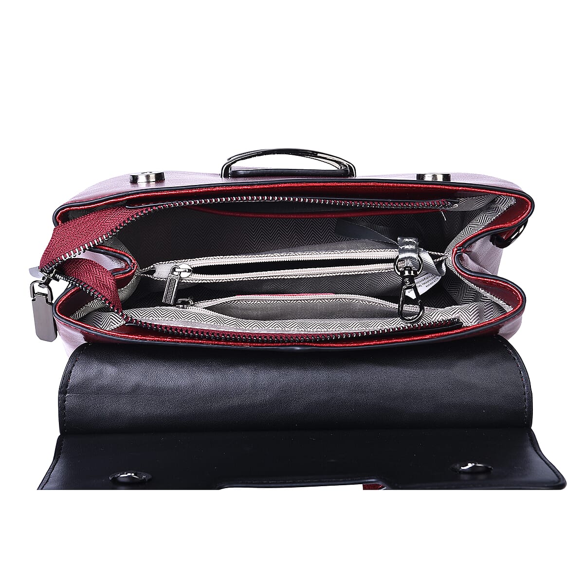 Hong Kong Closeout Collection Red Genuine Leather Convertible Tote Bag with Crocodile Embossed Pattern Flap and Set of 2 Woven & Leather Strap image number 4