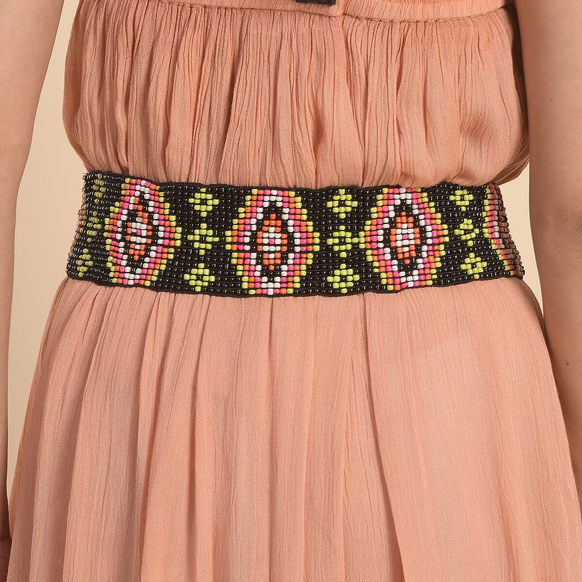 Handcrafted Multi Color Southwestern Seed Beaded Stretch Belt with Wooden Buckle image number 1