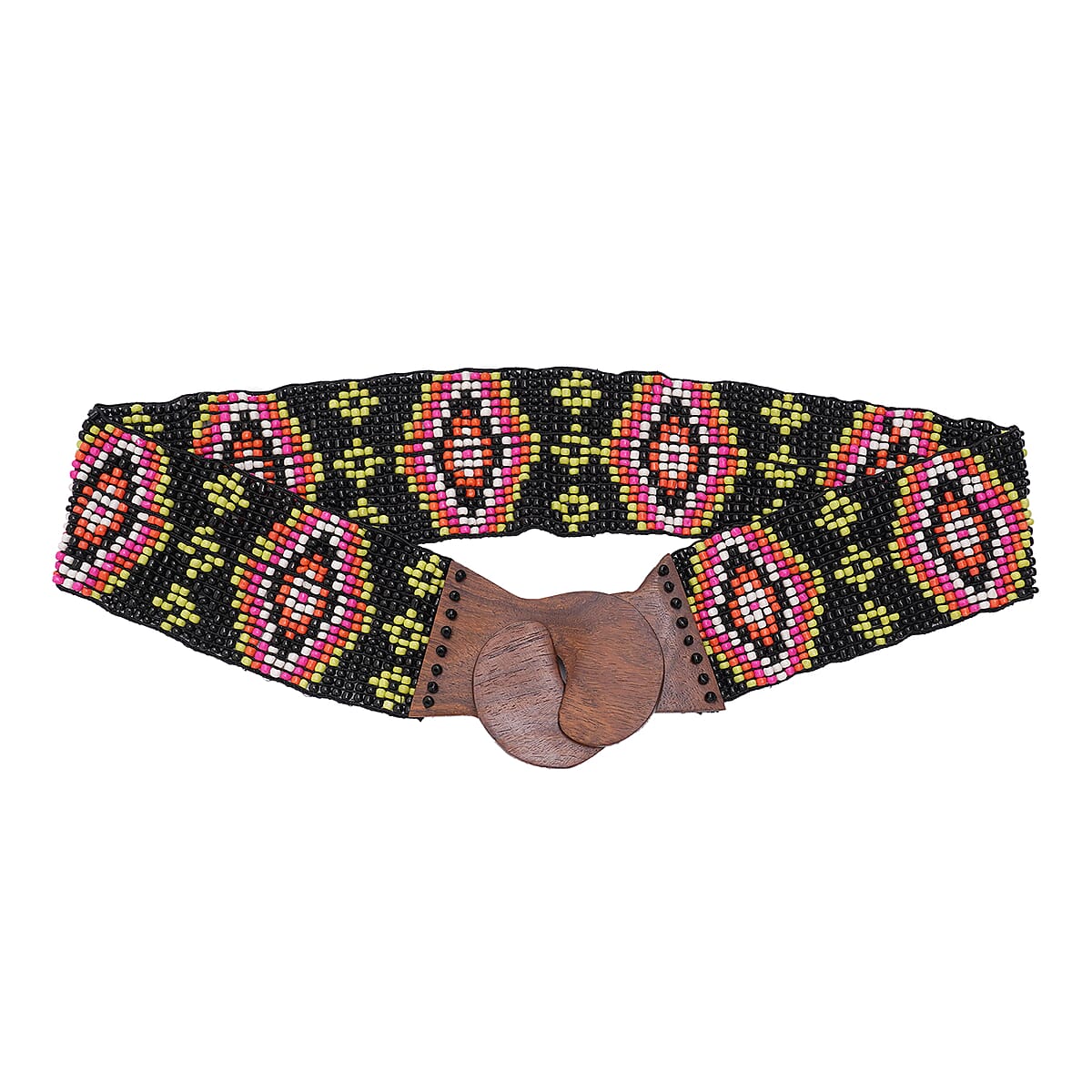 Handcrafted Multi Color Southwestern Seed Beaded Stretch Belt with Wooden Buckle image number 2