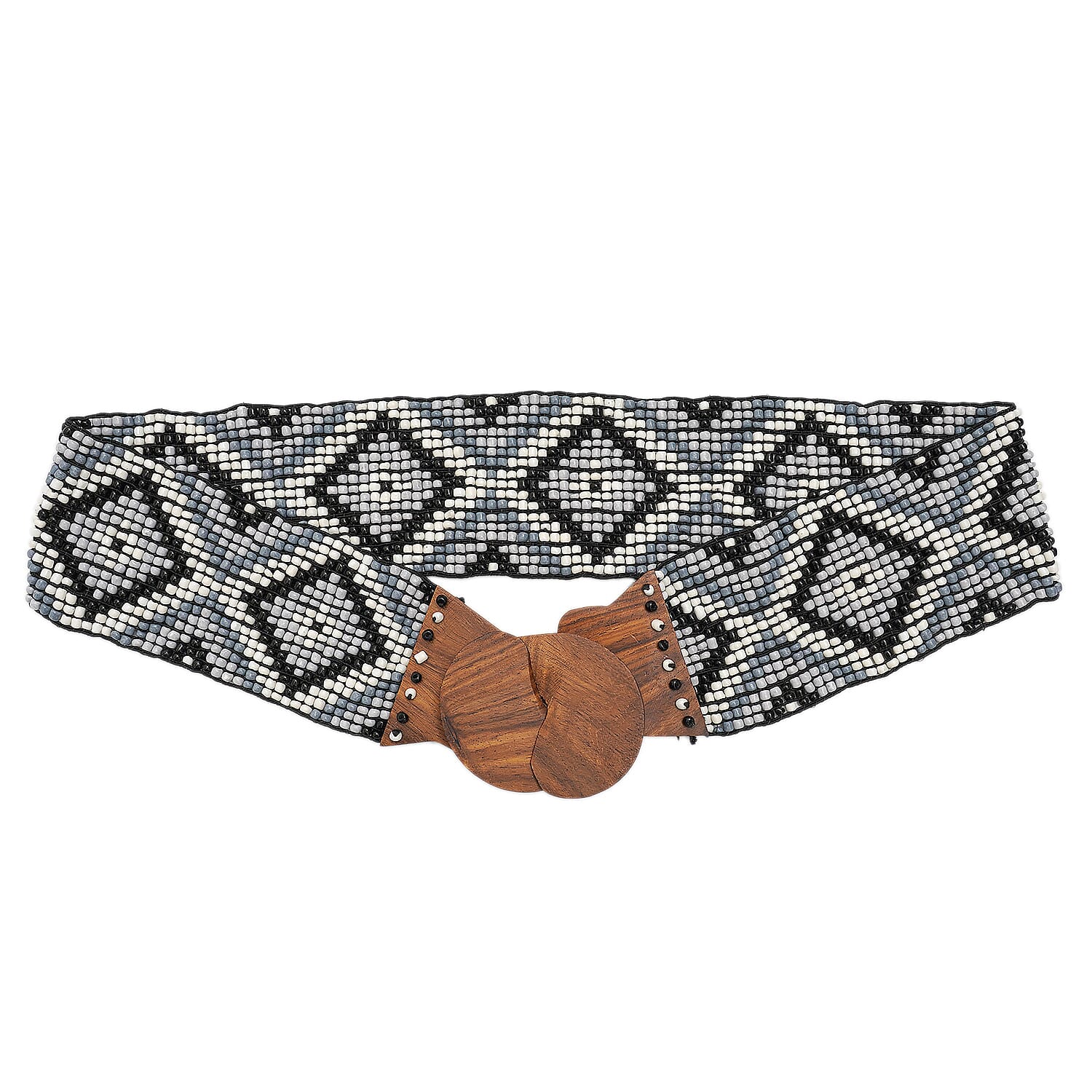 Handcrafted Black and Gray Color Southwestern Seed Beaded Stretch Belt with Wooden Buckle