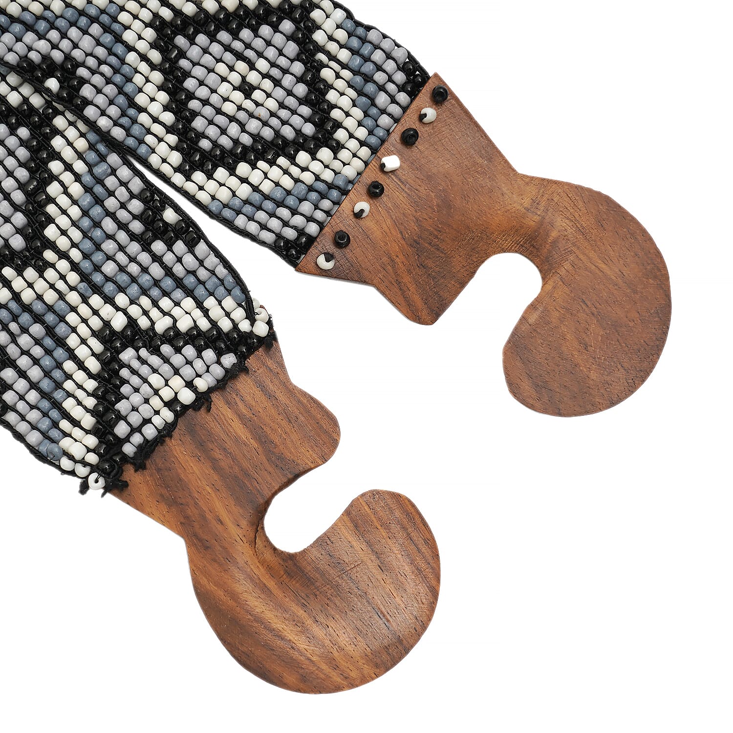 Handcrafted Black and Gray Color Southwestern Seed Beaded Stretch Belt with Wooden Buckle