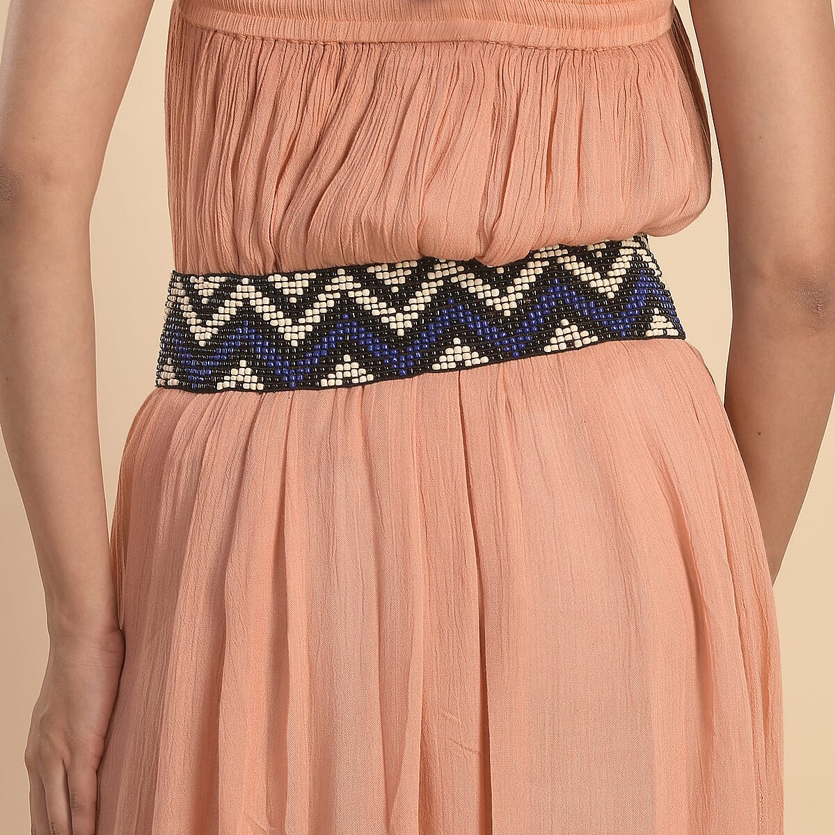 Handcrafted Multi Color Zig Zag Pattern Southwestern Seed Beaded Stretch Belt with Wooden Buckle image number 1