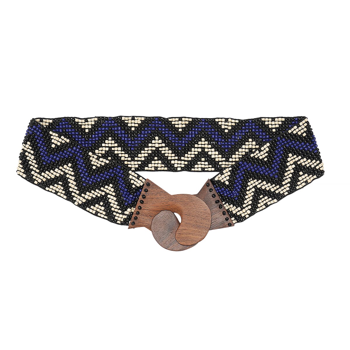 Handcrafted Multi Color Zig Zag Pattern Southwestern Seed Beaded Stretch Belt with Wooden Buckle image number 2
