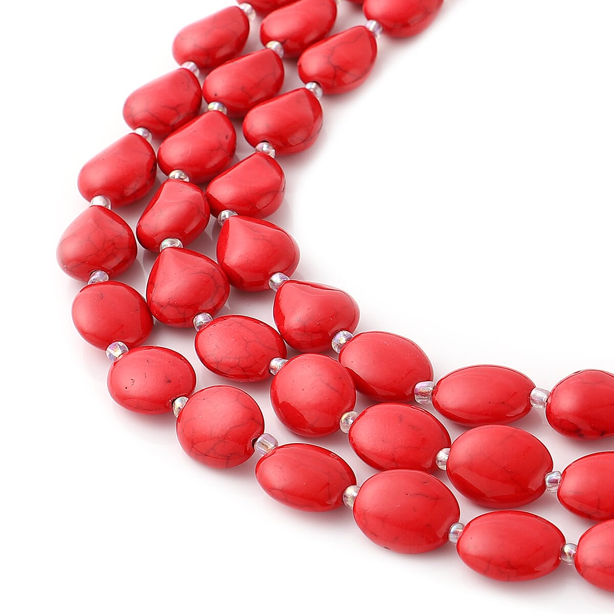 Red Howlite and Simulated Aurora Borealis Mystic Topaz Three Row Beaded Necklace 18 Inches in Silvertone 525.00 ctw image number 2