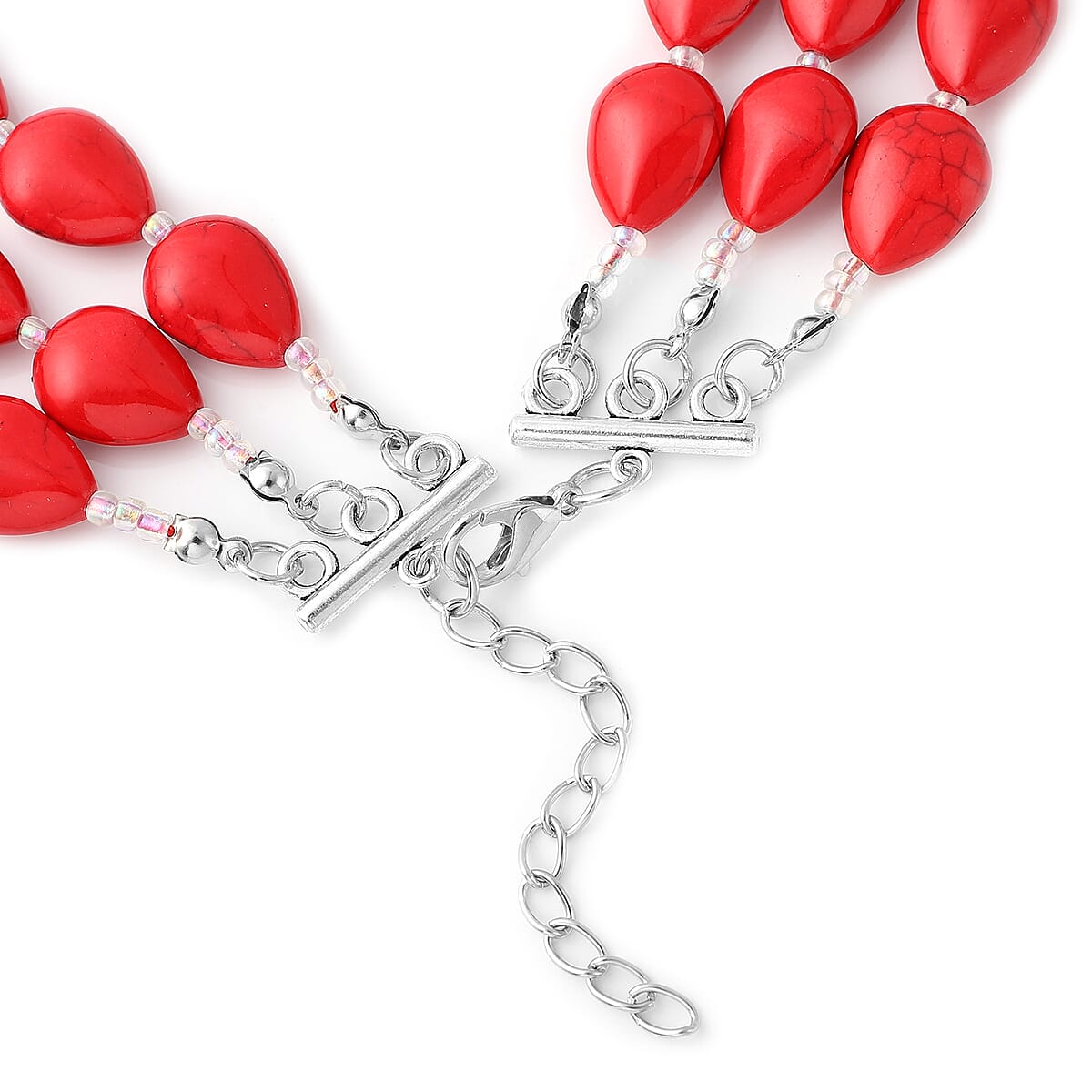 Red Howlite and Simulated Aurora Borealis Mystic Topaz Three Row Beaded Necklace 18 Inches in Silvertone 525.00 ctw image number 4