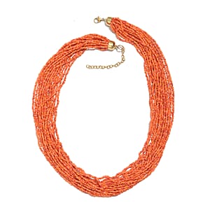 Orange Seed Beaded Multi Strand Necklace (24 Inches) in Goldtone