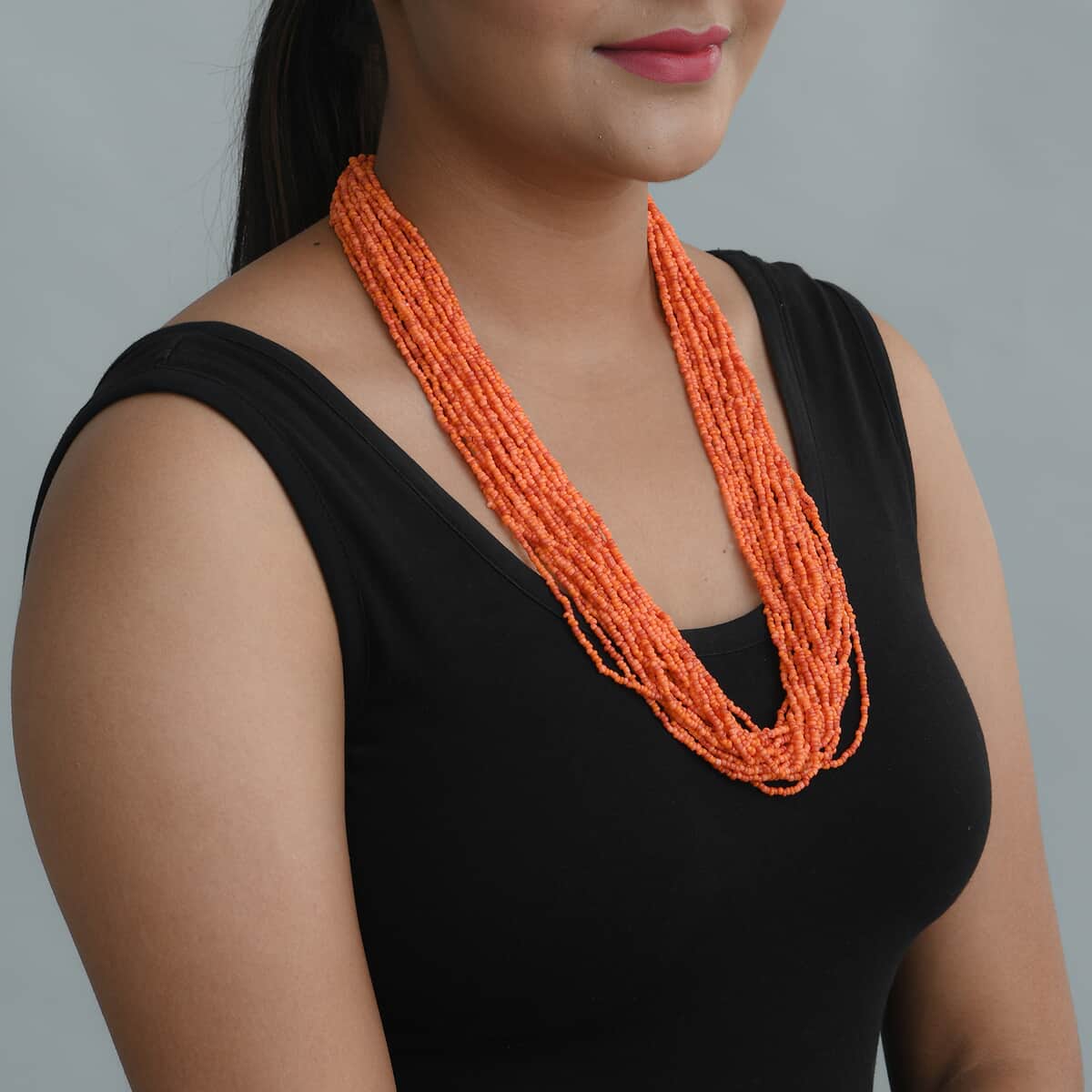 Orange Seed Beaded Multi Strand Necklace image number 1