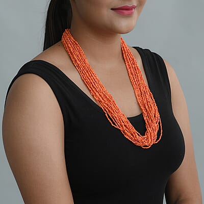 Orange Seed Beaded Multi Strand Necklace (24 Inches) in Goldtone