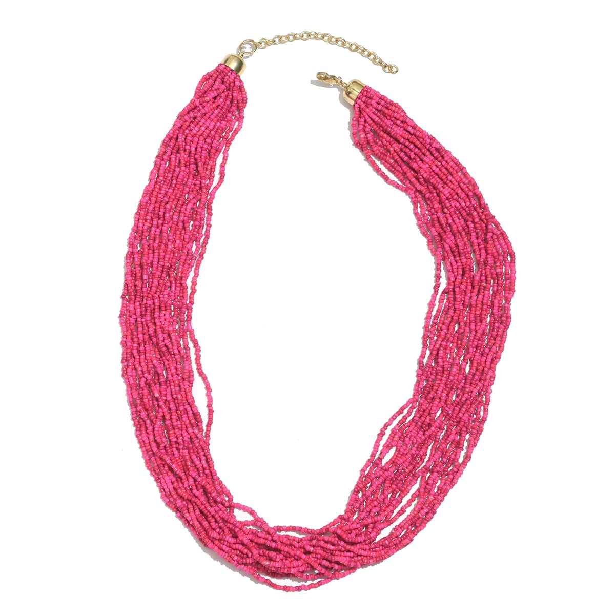 Fuchsia Seed Beaded Multi Strand Necklace (24 Inches) in Goldtone image number 0