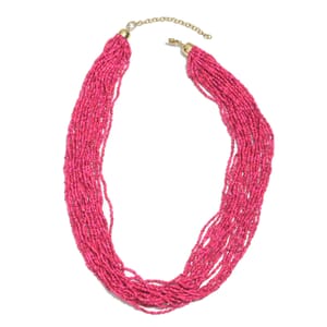 Fuchsia Seed Beaded Multi Strand Necklace (24 Inches) in Goldtone